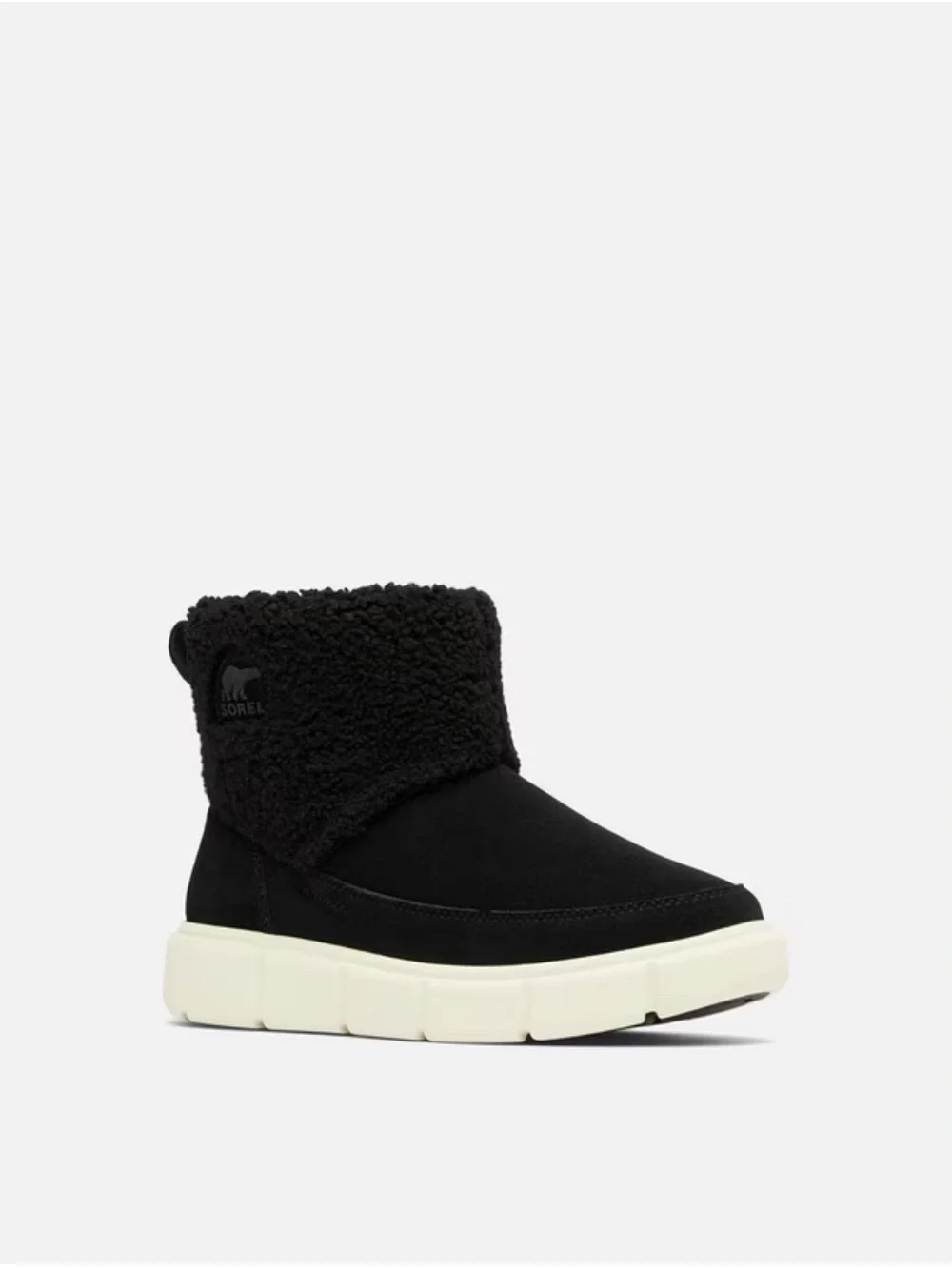 Sorel woman’s explorer 3 Black Suede Fold-Over Sherpa Boot with Cream Sole